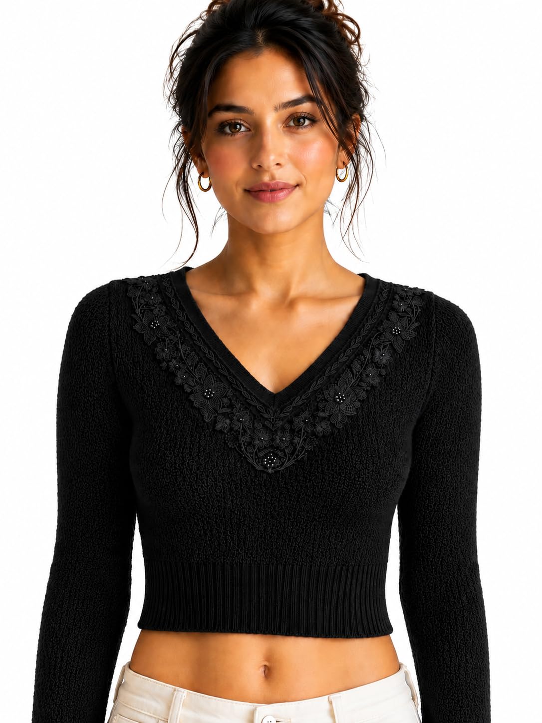 Women's Floral Embroidered V-Neck Crop Sweater | Soft Knit Full Sleeve Winter Crop Top | Casual Stylish Pullover for Women-picture-22