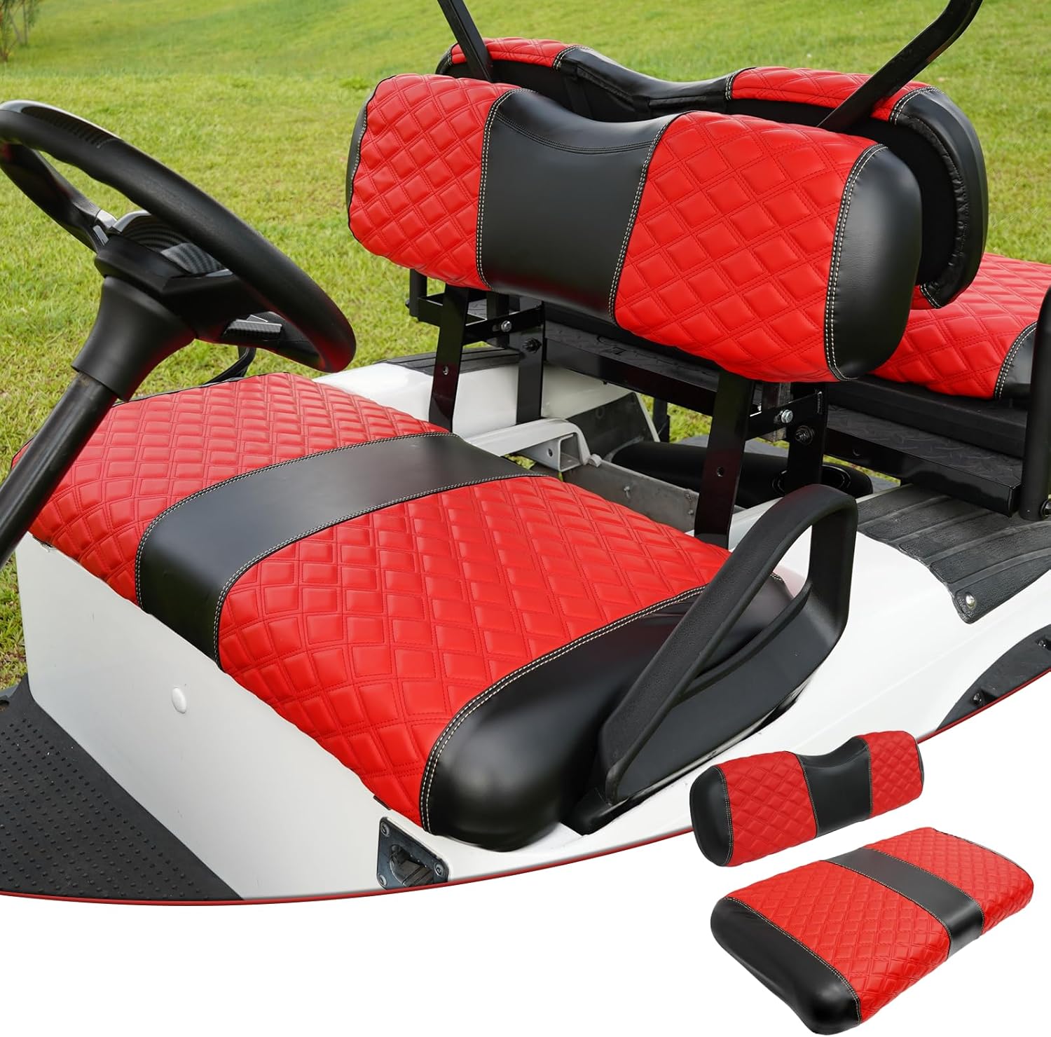EZGO TXT Seat Covers, EZGO TXT Golf Cart Seat Covers for 1994-2013 EZGO TXT OEM Ordinary Seat, Marine Grade Vinyl Leather, Anti-Scratch/Anti-Fading/Easy to Install, Diamond/Red