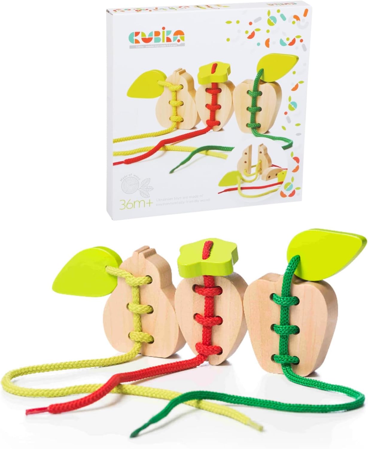 CUBIKA Wooden Lacing Fruit Set – Montessori Threading Toy for Toddlers Ages 3+ – Made from Natural Wood with Water-Based Paints – Travel-Friendly Educational Gift for Boys & Girls