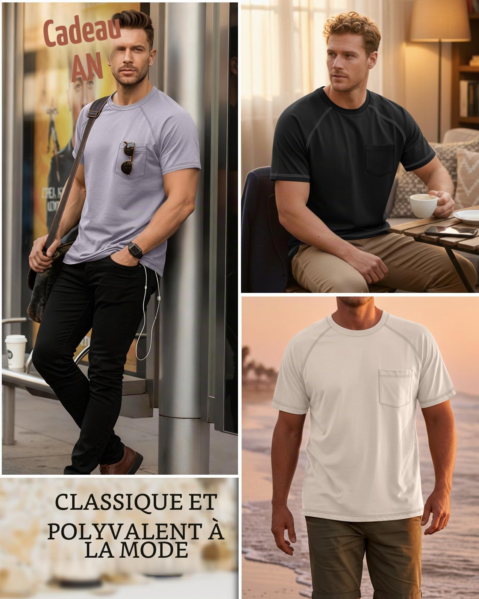 Neer 3 T-Shirts Homme Grandes Tailles avec Poche