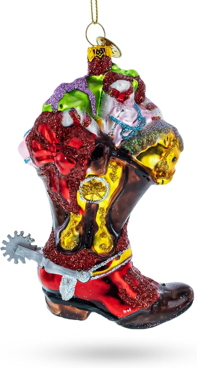 Western Cowboy Boot with Gifts Glass Christmas Ornament - Image 2