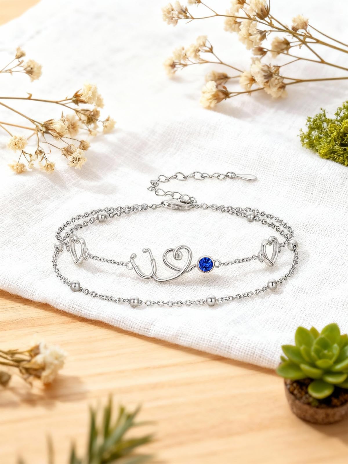 Dorunmo Braccialetto con stetoscopio in argento Sterling 925 con stetoscopio da infermiera, con pietra portafortuna, regalo per infermieri, dottori, studenti di medicina