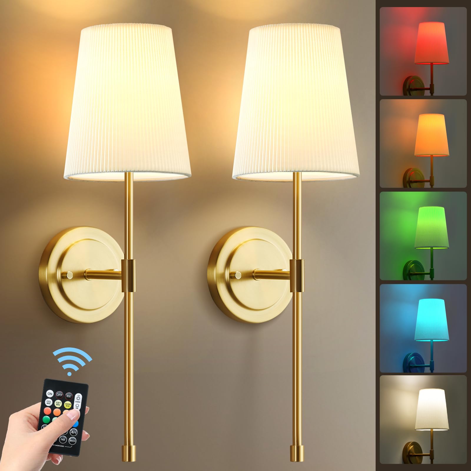 Battery Operated Wall Sconce Set of 2, Gold Wireless Wall Sconces with Dimmable Remote Control and Detachable Bulbs Rechargeable Wall Lights Wall Lamp for Bedroom Living Room Hallway Farmhouse