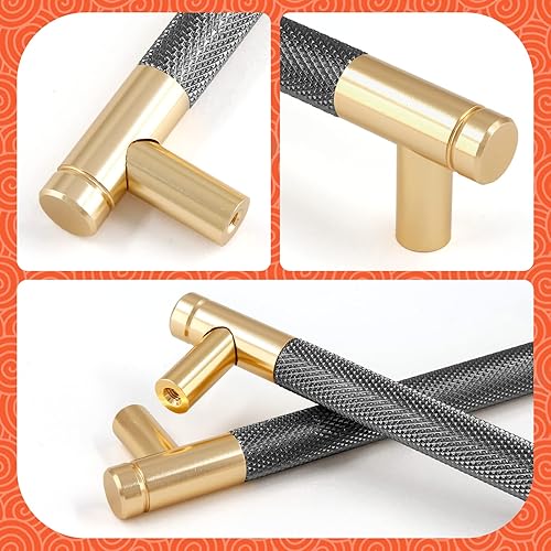 Miniatura 3 de Luomorgo 12 tiradores moleteados de gabinete de 5 pulgadas, tiradores de cajón de aluminio dorado y negro, manija de puerta de gabinete de cocina,