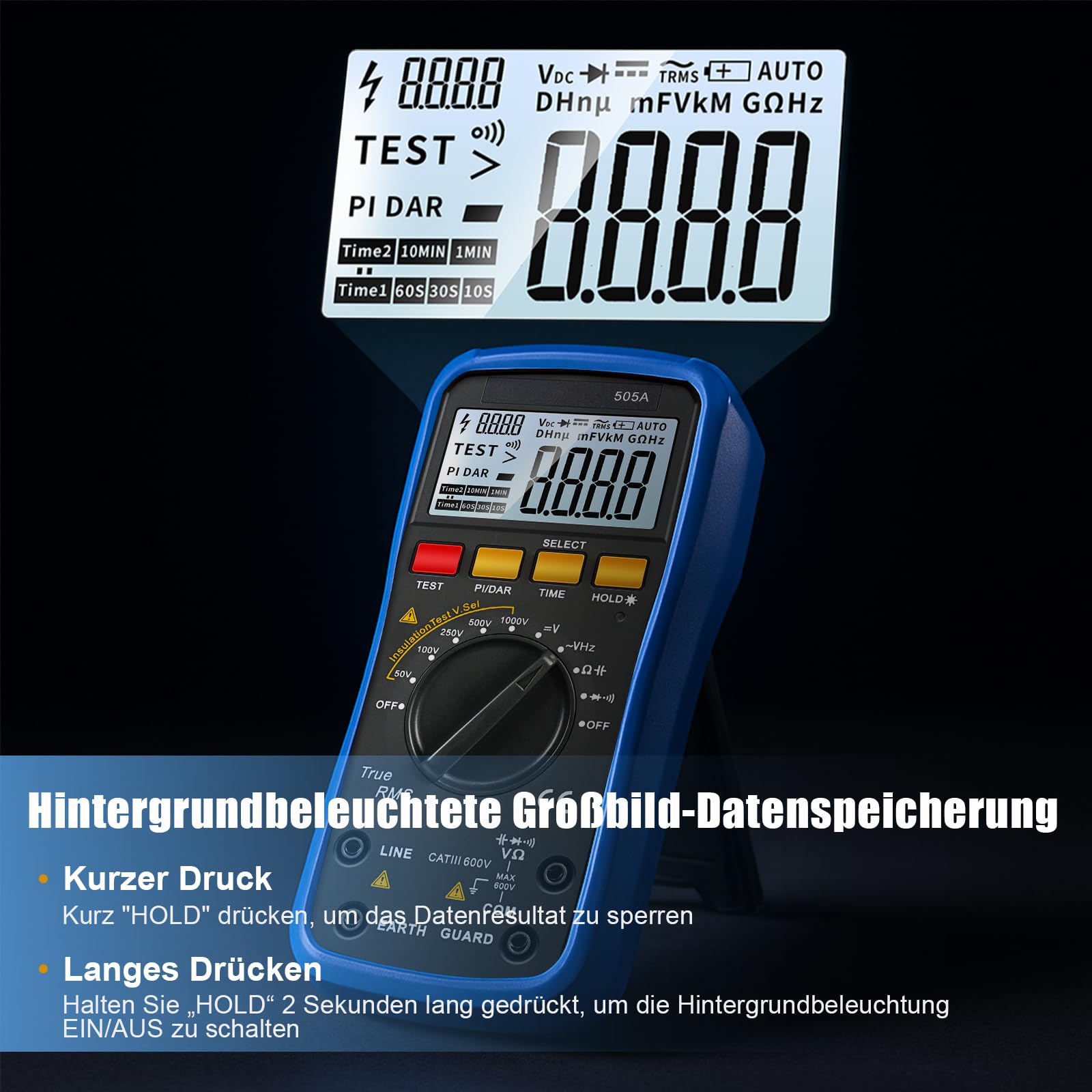 Isolationswiderstandsmessgerät + Digital multimeter-Kombigerät Megohmmeter-Spannungsbereich: 50 V–1000 V Widerstandsbereich: 0,05 MΩ–20 GΩ Digital multimeter misst Wechsel-/Gleichspannung, Widerstand