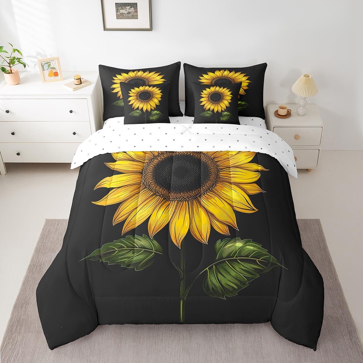 Sunflower Reversible 7 Pieces Comforter Set Full Size,Yellow Floral Green Leaves Bed Sheet Set Romantic Botanical Black Bedding Set with Comforter,Fitted & Flat Sheet