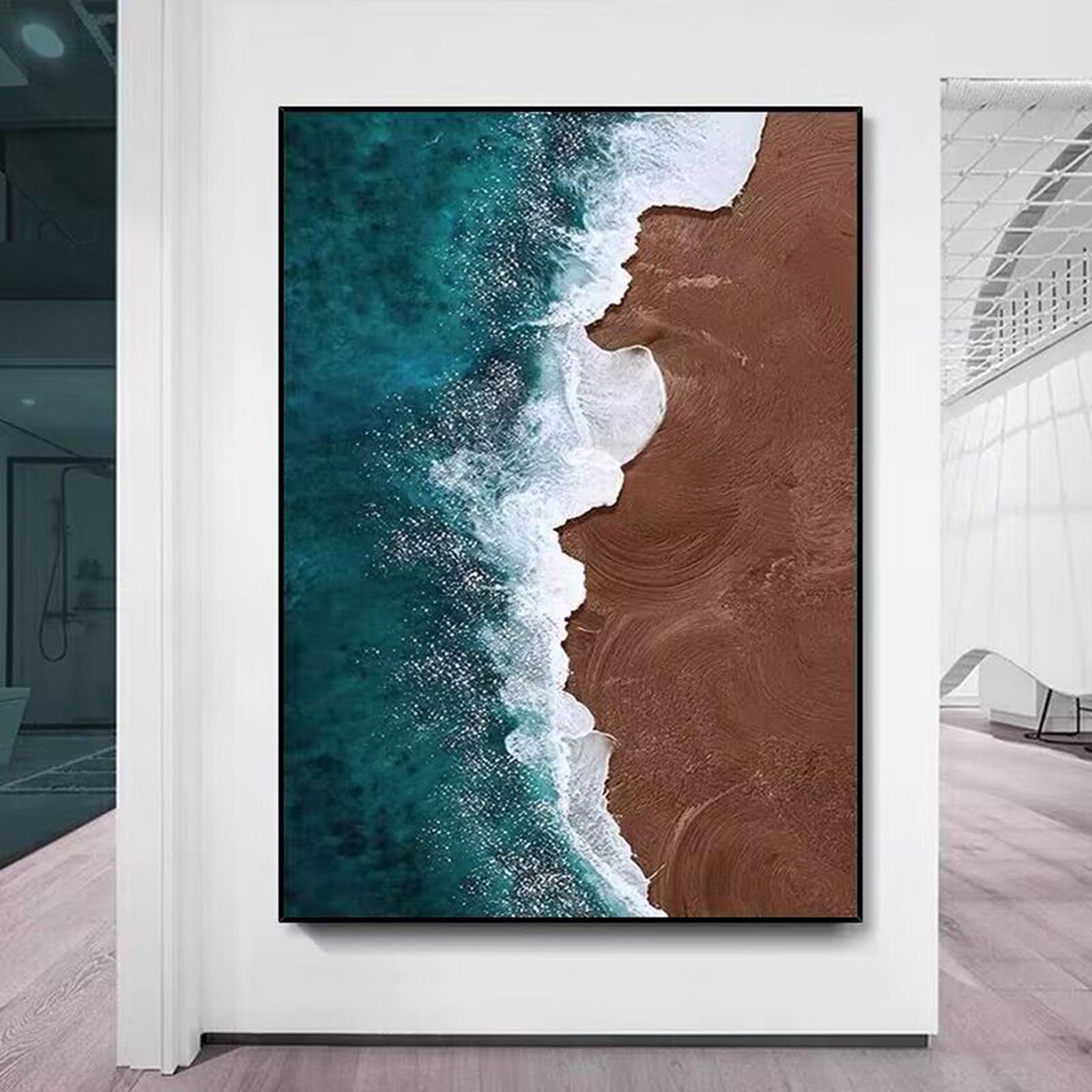 Peinture à l'huile océan pour salon : grand tableau mural moderne avec cadre
