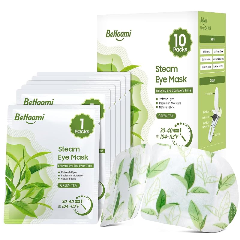 Máscara térmica descartável para os olhos BeHoomi com fragrância de chá verde, pacote com 10
