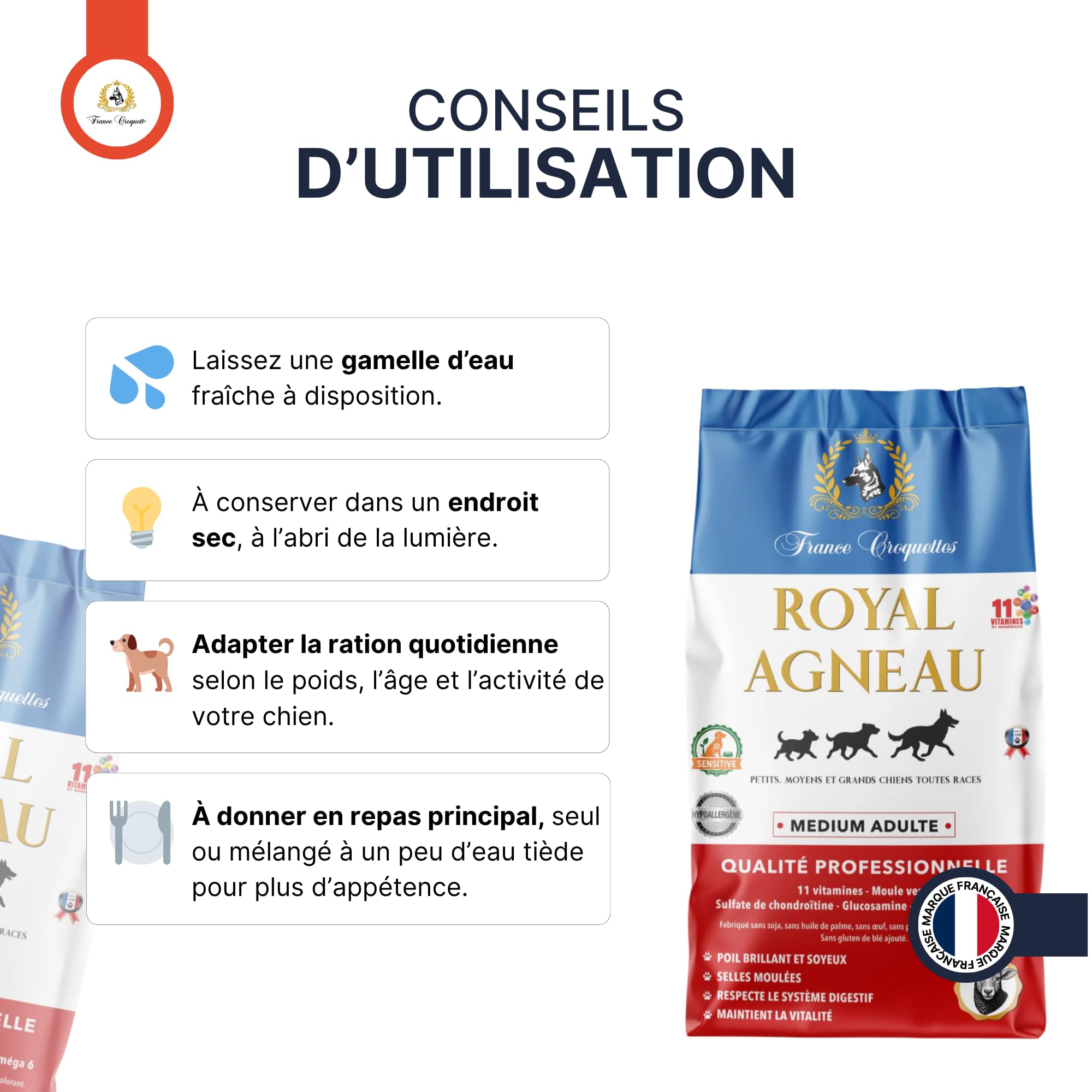 Croquettes hypoallergéniques Chien Adulte France Croquettes Royal Agneau – sans blé, hautement digestes, Riches en protéines, avec prébiotiques & probiotiques pour Flore intestinale Saine - 12KG