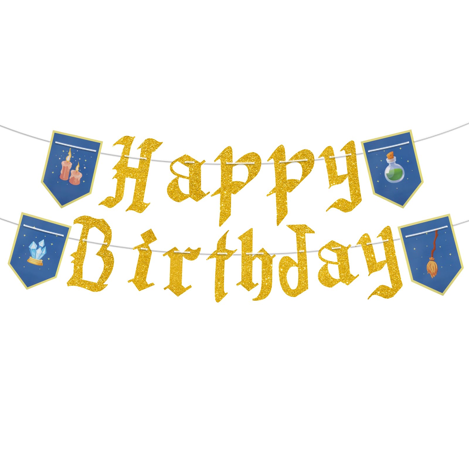 Magic Happy Birthday Banner, Gold Glitter Paper Magical Birthday Backdrop Garland with Shield Decor Magic School Theme Party Decorations Photo Props for Kids Party Favors Supplies