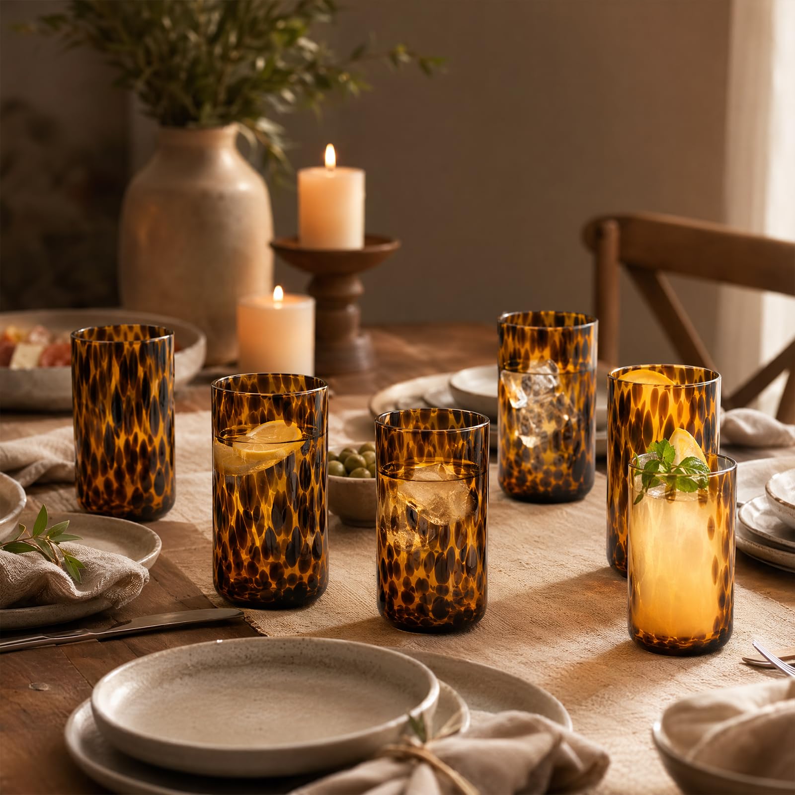 Set aus 6 Cocktailbechern mit Schildpatt-Look, braun, stilvoll, ohne Stiel | 591-ml-Cocktailbecher: schicke, stiellose Rocks-Gläser aus Glas – ideal für Gin, Tequila, Wodka & Softdrinks