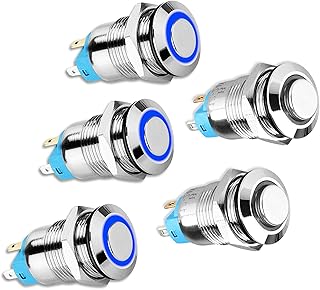 12V 24V 12mm Latching Push Button Switch with High Round Cap, Waterproof Metal Pushbutton Switch Stainless Steel 1NO1NC SPST ON/OFF Self-Locking Marine Switch for 1/2" Mounting Hole (5PCS, Blue Light)