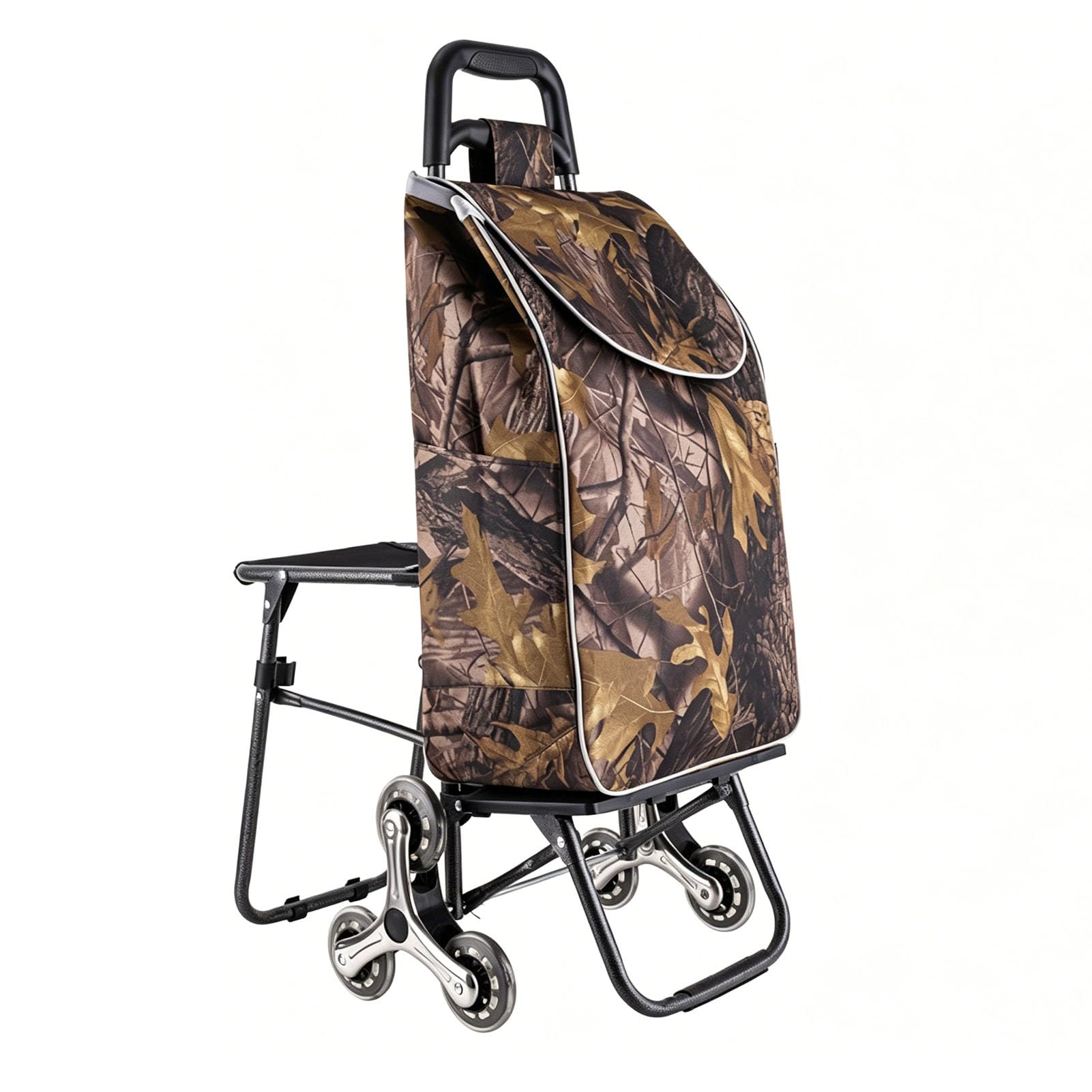 JYHCD Foldable Shopping Trolley with Attached Seat, 6-Wheel Stair Climbing Design for Grocery Transport, Portable Pull Cart for Household Shopping with Large Capacity Storage Bag,E