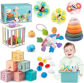 Plunack Montessori Baby Toy 6 Months - 3 Years, 6-in-1 Motor Skills Toy, Sensory Toy, Blocks Stacking Tower, Suction Cup Toy, Matching Eggs, Birthday Gift for Baby 1 2 3 Years