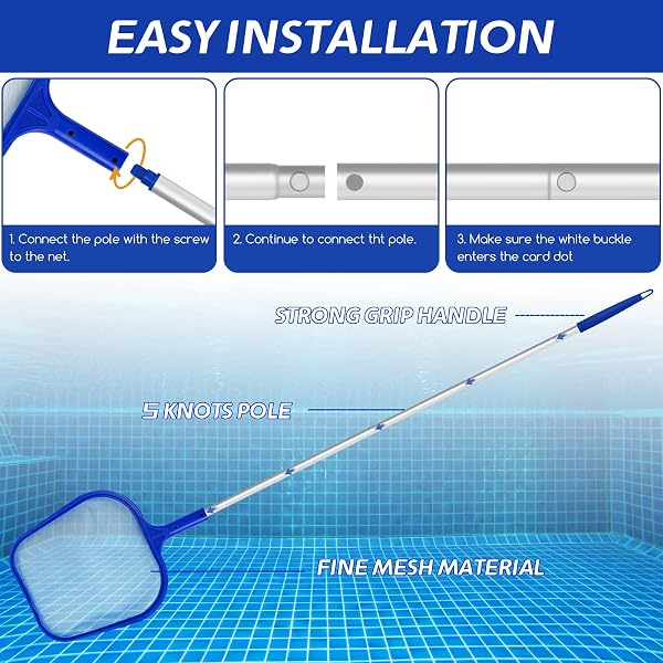 Jsdoin Swimming Pool Skimmer Net, Adjustable 5 Connecting 48Inch Aluminium Telescopic Pole, Pond Nets for Cleaning, Fine Mesh Leaf Skimmer Netting for Garden Pond Hot Tub Net, Blue - 3