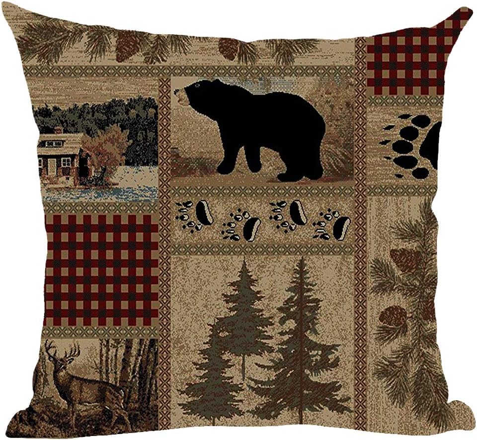 Ramirar Retro Brown Deer Bear Paw Prints House Cabin Forest Pine Nut Trees Field Fall Autumn Decorative Throw Pillow Cover Case Home Living Room Bed Sofa Car Cotton Linen Square 18 x 18 Inches
