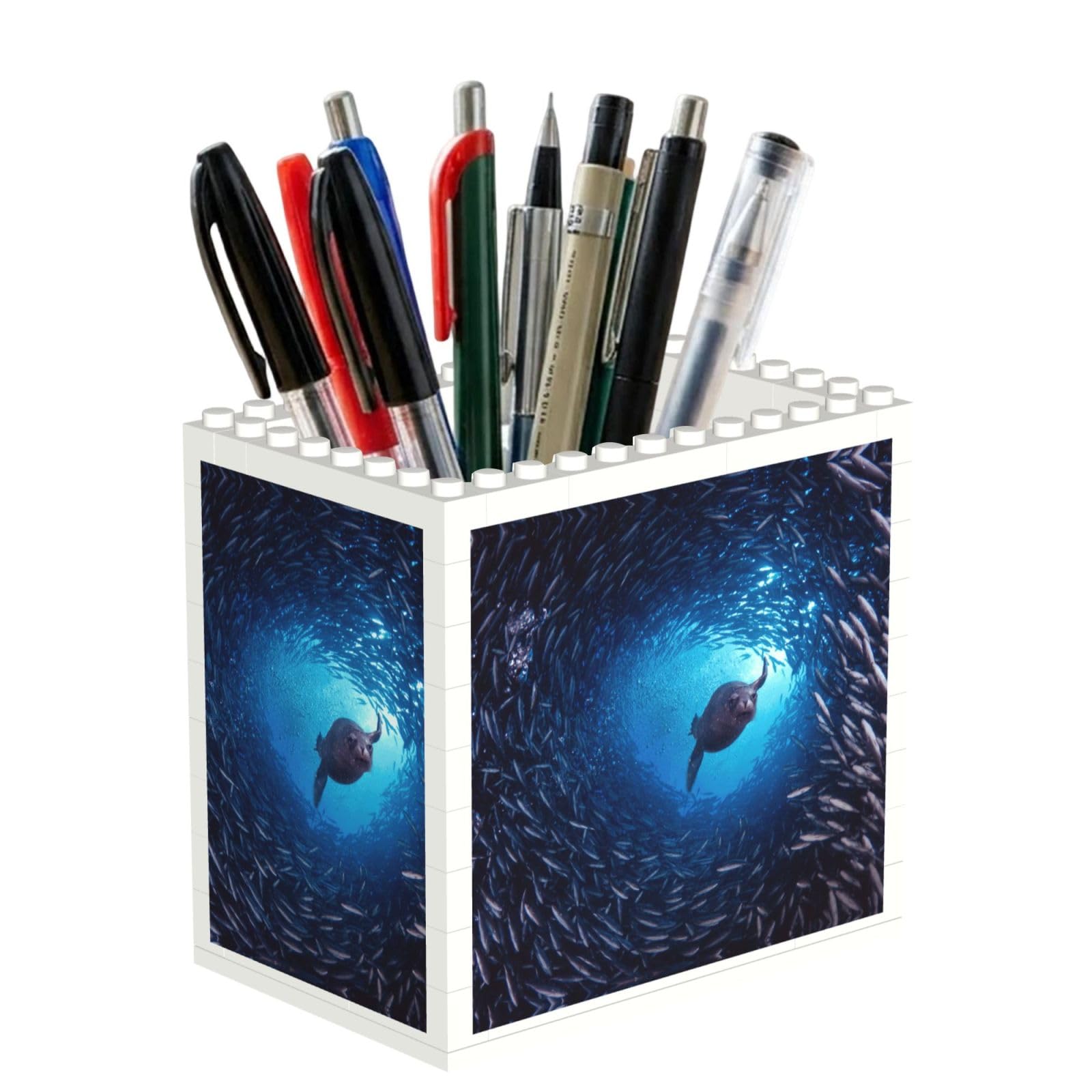 SATUSA Underwater Sea Lion Print Building Block Texture Pen Holder - Pencil Holder For Desk Pen Organizer,Aesthetic Desk Accessories For Women(1pcs)