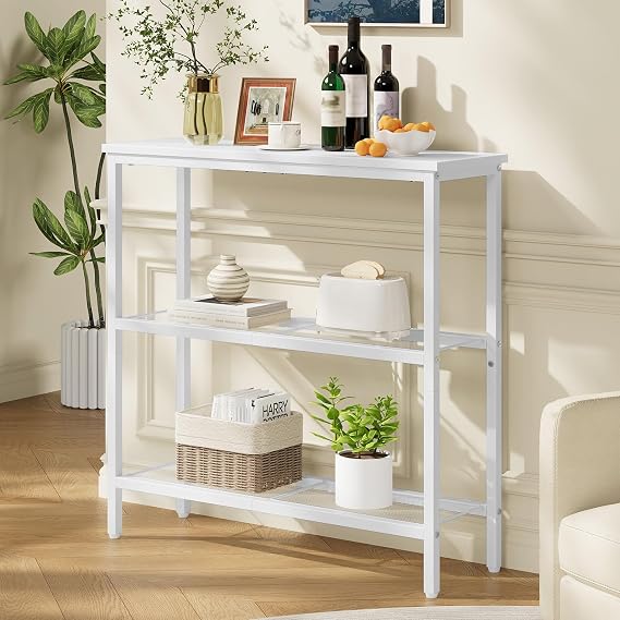HOOBRO Console Table for Hallway Slim, 3-Tier Narrow Console Table, Hallway Table with 3 Shelves, Slim Sofa Table for Small Spaces, Living Room, Metal Mesh Frame, White EWW73XG01