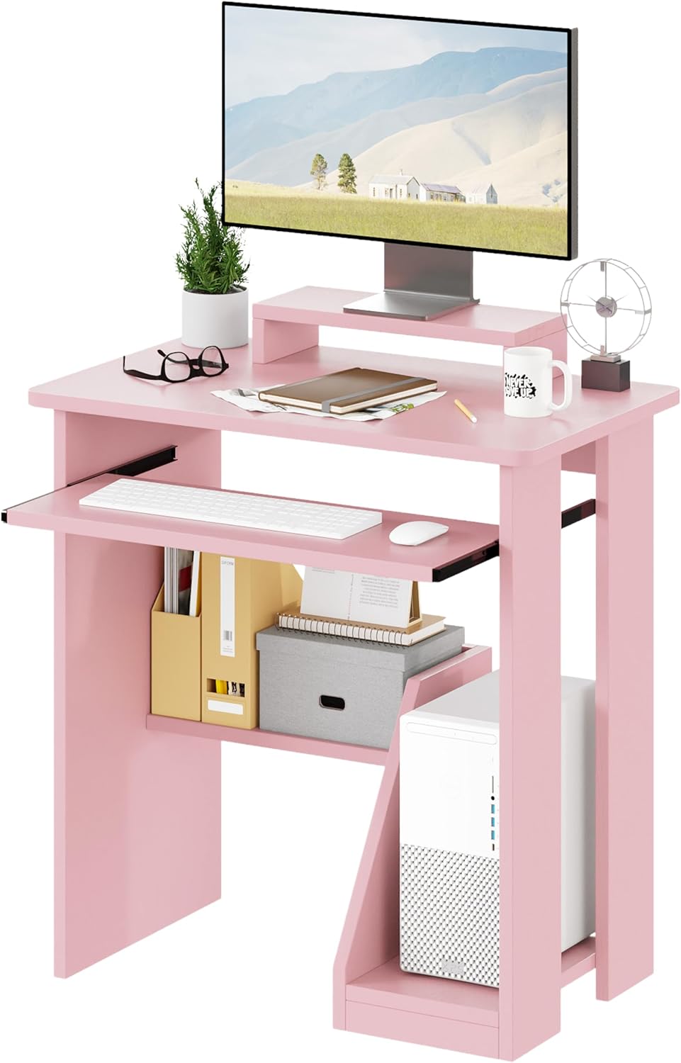 ALISENED 30" Small Computer Desk with Keyboard Tray Monitor Stand, Study Writing Desk with Storage Shelves, Modern Workstation for Small Spaces, Save Space, Pink