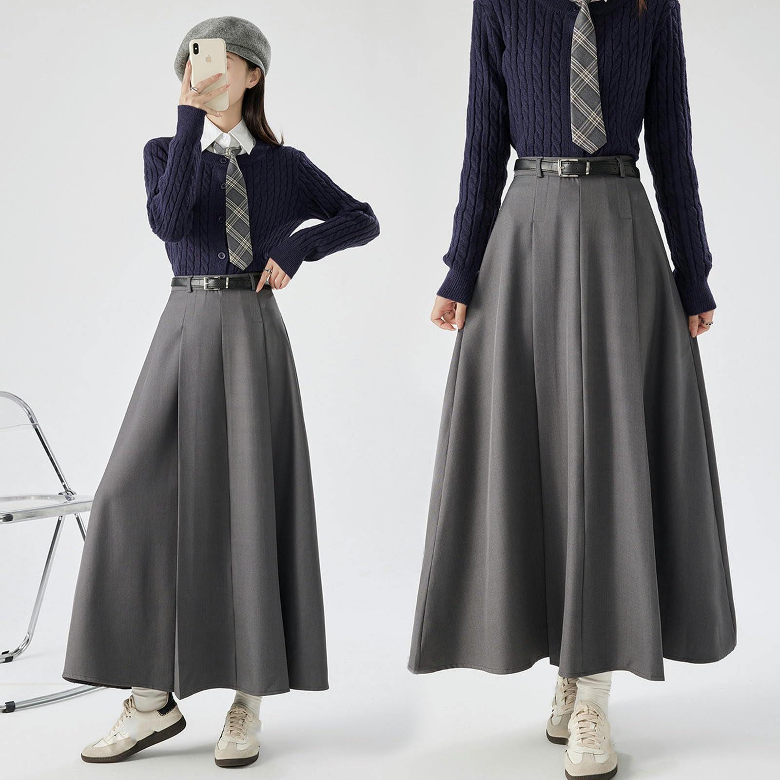 Spódnice damska jesienno-zimowa plisowana spódnica midi - wysoka talia slim fit elegancka temperament długa spódnica