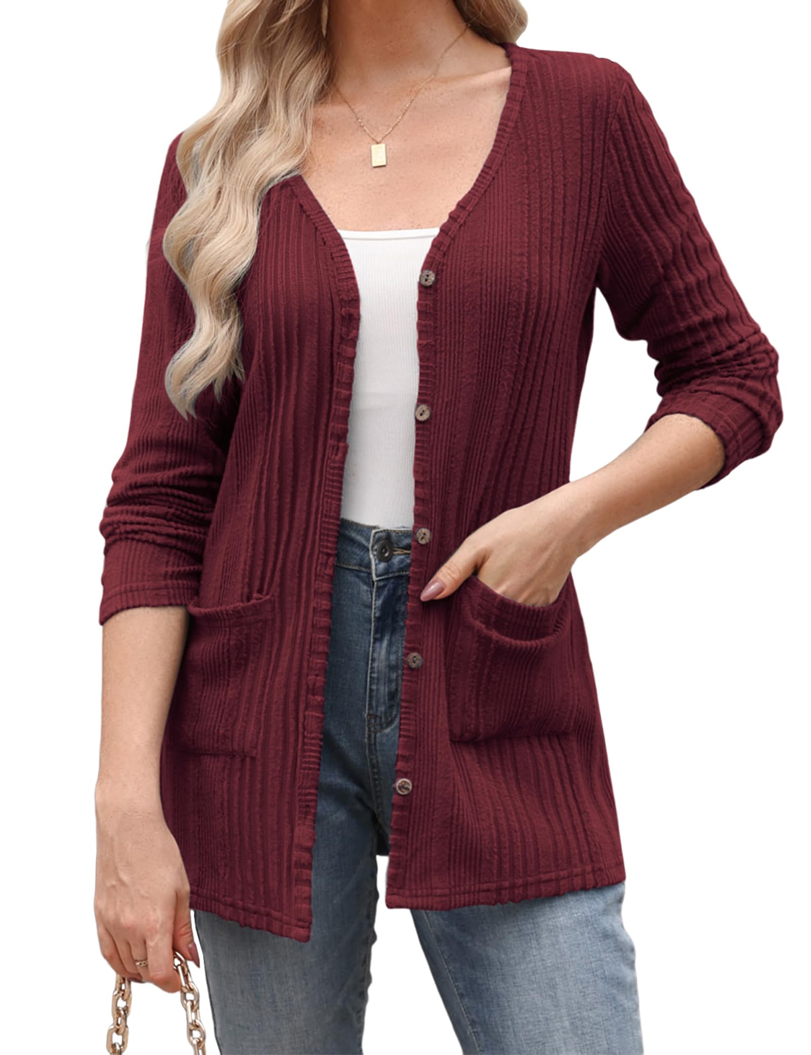 Cardigan rosso da donna taglia UK 16 cardigan a maniche lunghe lavorato a maglia morbido caldo con scollo a V maglioni leggeri da donna con bottoni aperti sul davanti maglioni tinta unita