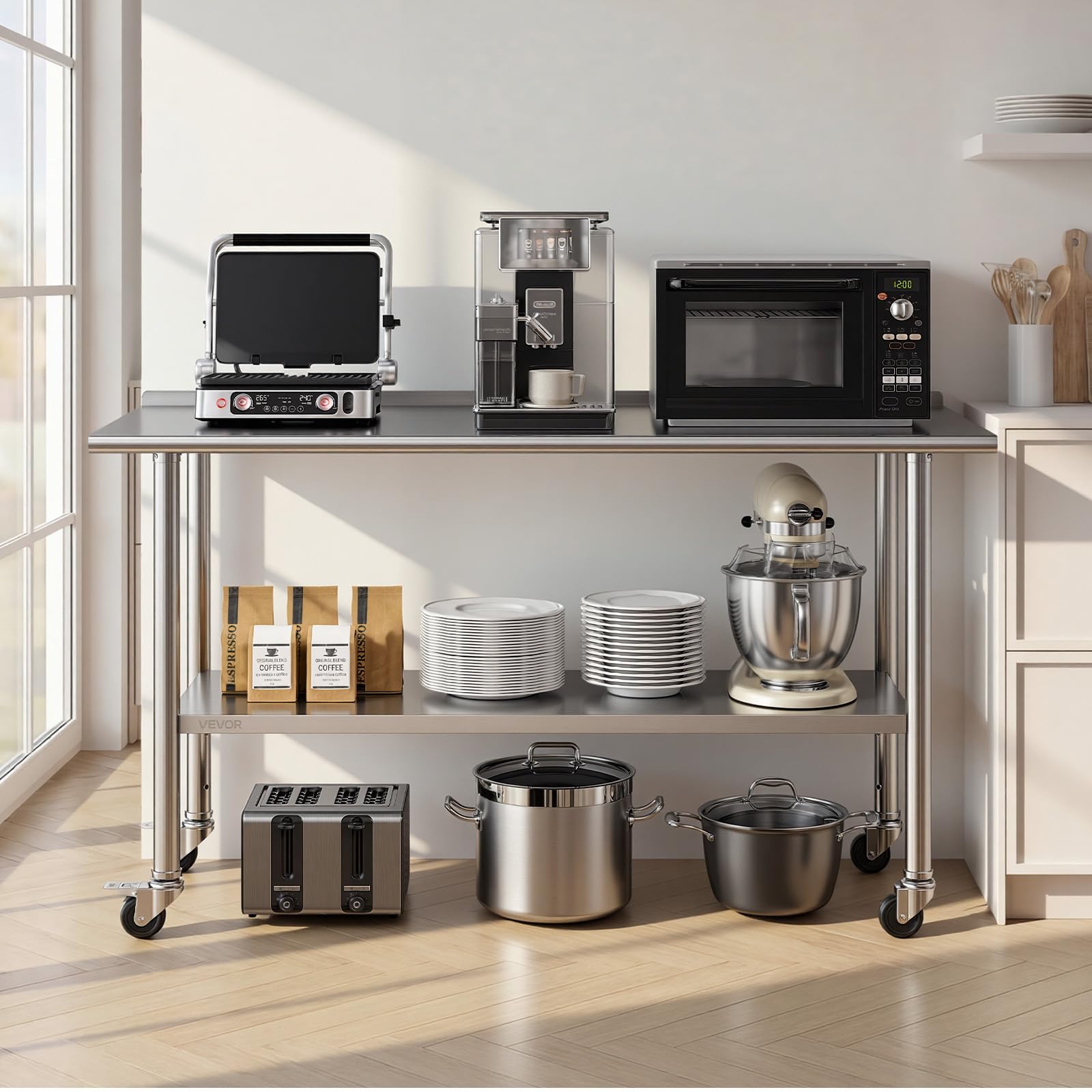 VEVOR Edelstahltisch Gastro 1524 x 610 x 894 mm, Verstellbarer Edelstahltisch mit Rollen, Aufkantung (30 mm), Arbeitstisch mit Grundboden für Restaurant Obere Ablage (254 kg) Untere Ablage (209 kg)