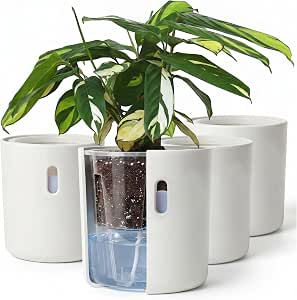 Self Watering Planters, 6 Inch Pot with Water Reservoir, Nylon Wick & Clear Inner Pot, Bottom Water System | Pack of 4