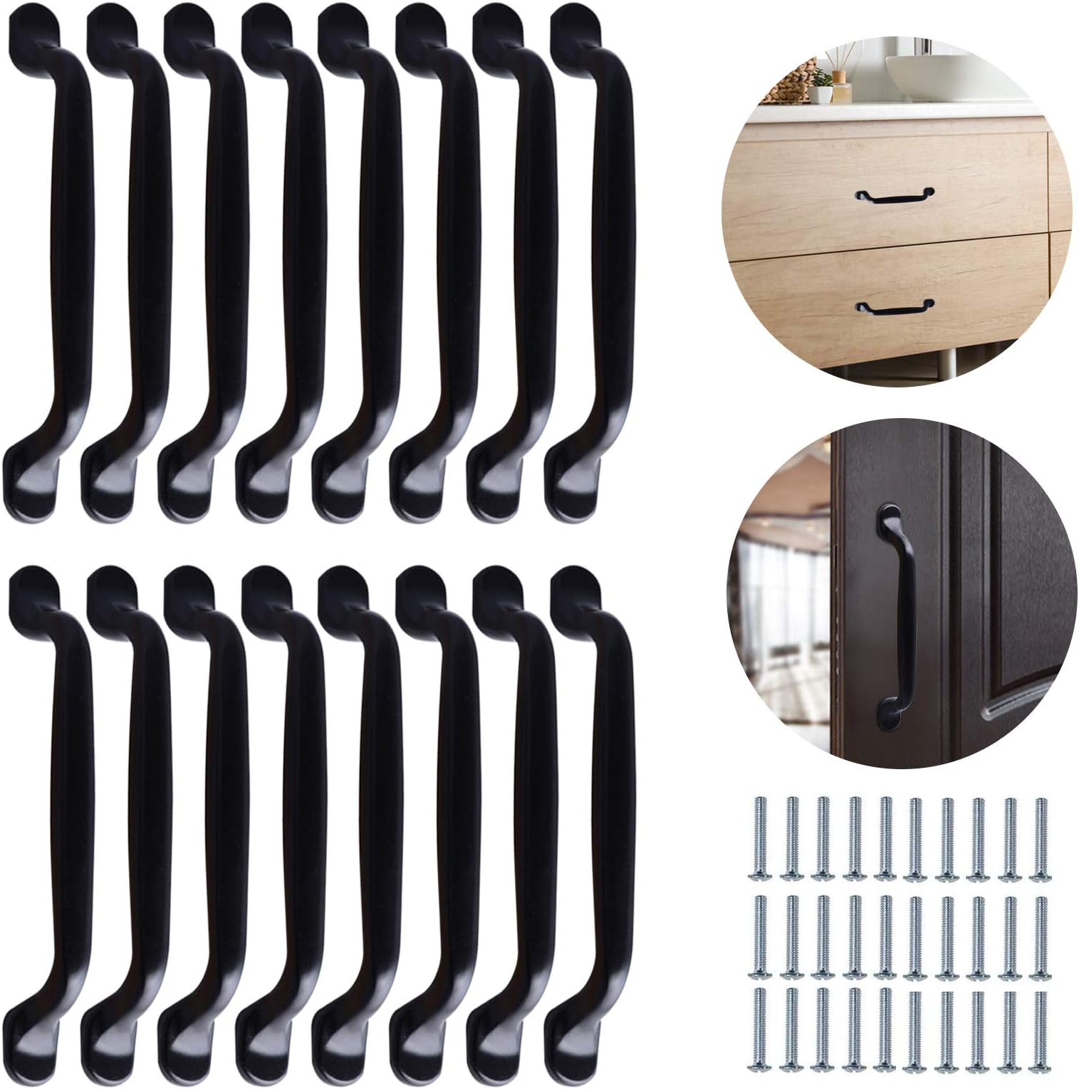 16 Pcs Cabinet Handles 128mm Black Pull Handles for Cupboards Kitchen Handles with 32 Pcs Screws Door Bow Pull Handle Hole Spacing 128mm Aluminum Alloy Cabinet Handle for Bedroom Furniture Door Drawer