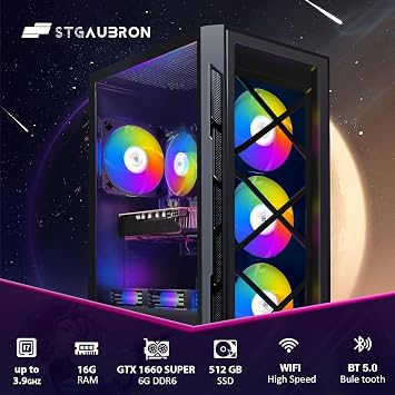 STGAubron Gaming PC Desktop,Core I7,GTX 1660 Super 6G,16G RAM,512G SSD | Gaming Computer Tower for Streaming,Video Editing,Home,School,I7 up to 3.9GHz,ARGB Fan,WiFi,BT 5.0,4K DP,HDMI,Win11 Home