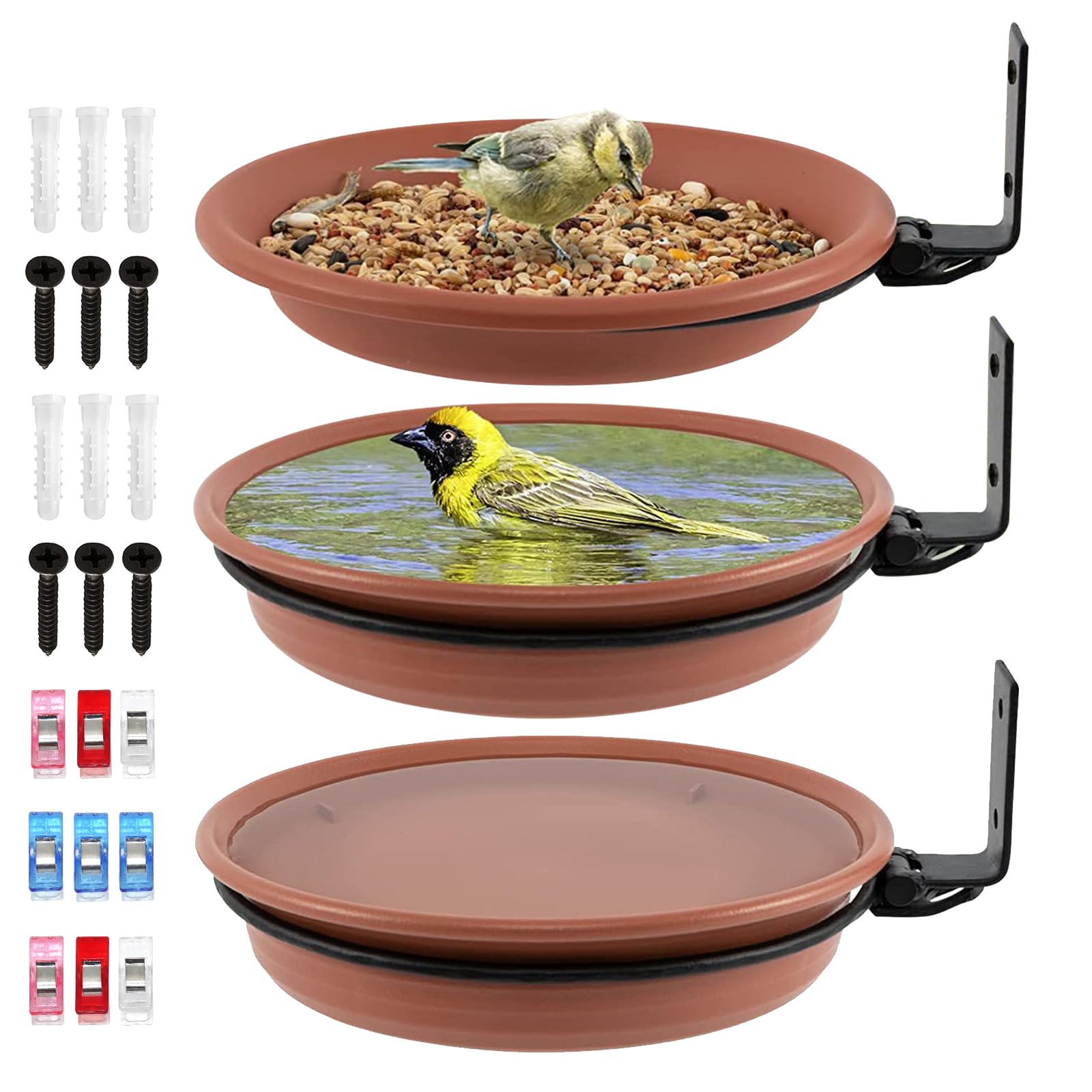 Juego de 3 comederos para pájaros y bebedero para pájaros, bebedero para pájaros para barandillas de balcón, bebedero de agua para pájaros, comedero para pájaros, barandilla de balcón, redondo con