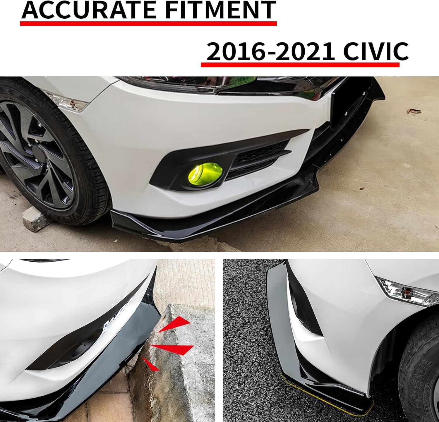 3 Pcs Front Bumper Lip for Honda Civic 2016-2020, Gloss Black Front Lip Chin Splitter Spoiler Body Kit Honda Civic Accessories (Glossy Black)