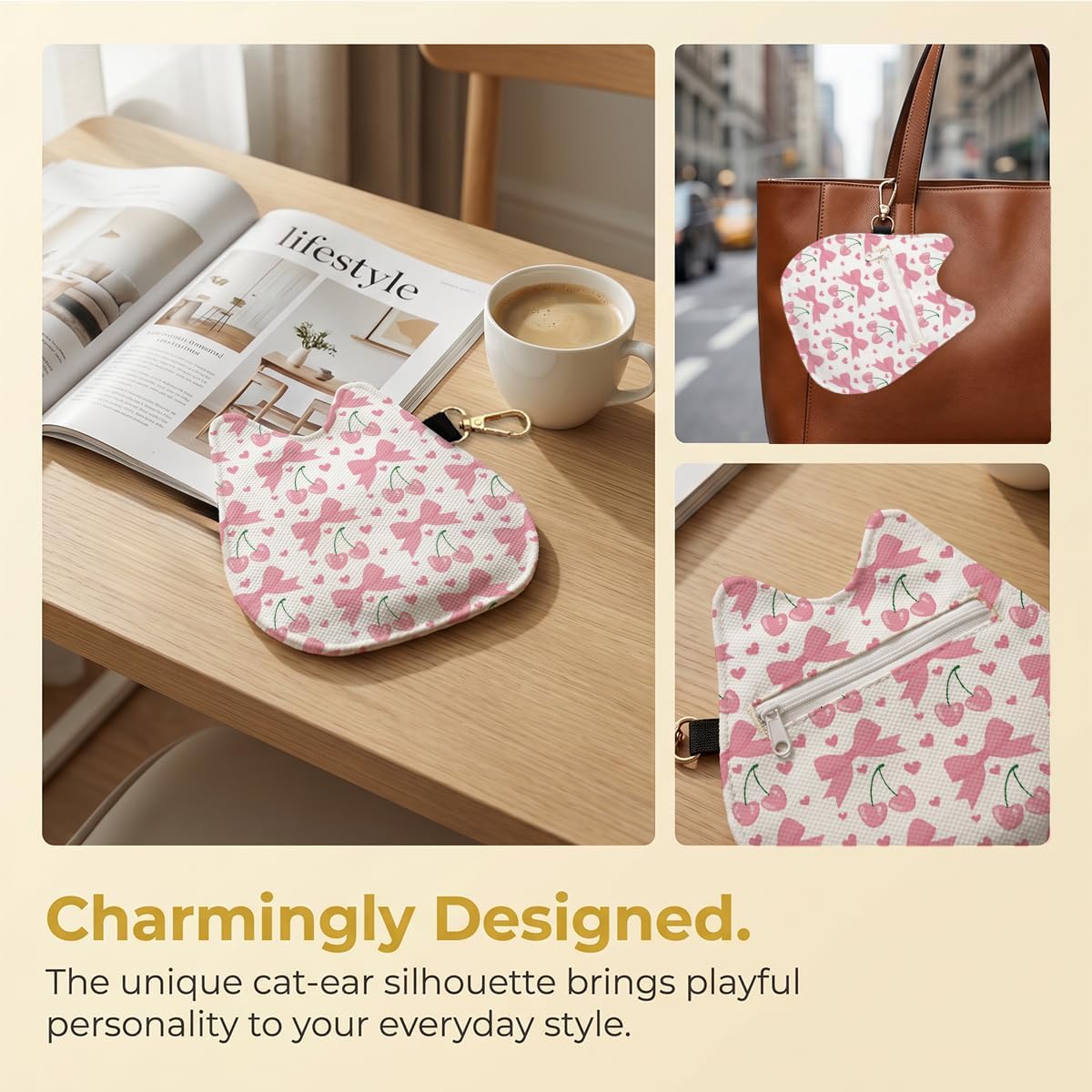 Cherry Bow Cat Shaped Coin Purse, Canvas Change Purse, Coin Pouch with Keychain, Coquette Cherry Zipper Small Wallet for Women Girl, Cat Lover Gifts, Mini Bag for Coins, Accessories, Backpack Charm