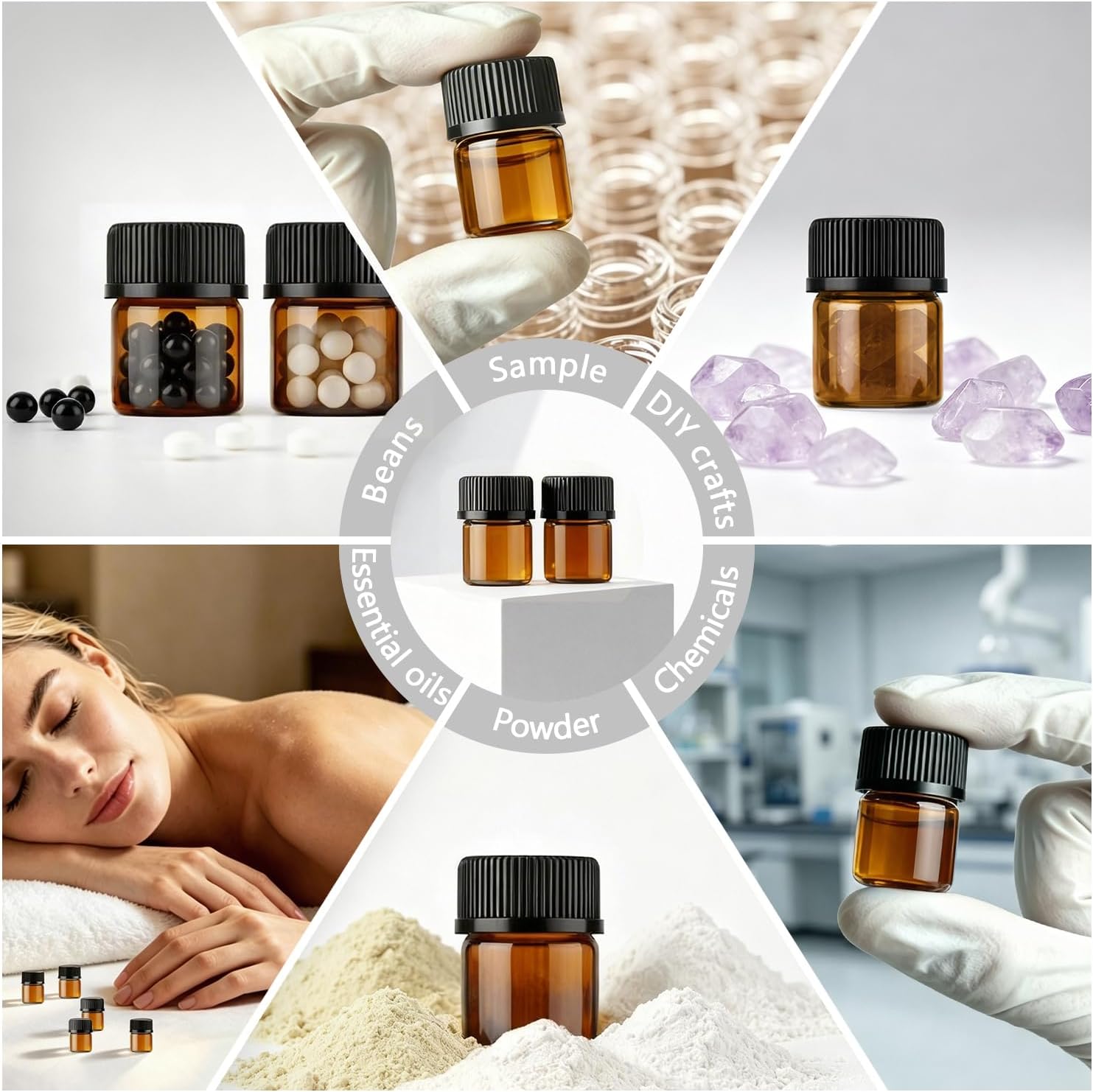 Simple-e 50pcs 1ml (1/4 Dram) Amber Mini Glass Bottle 1cc Amber Sample Vial Small Essential Oil Bottle Travel Must + 1pc Glass Clean Cloth