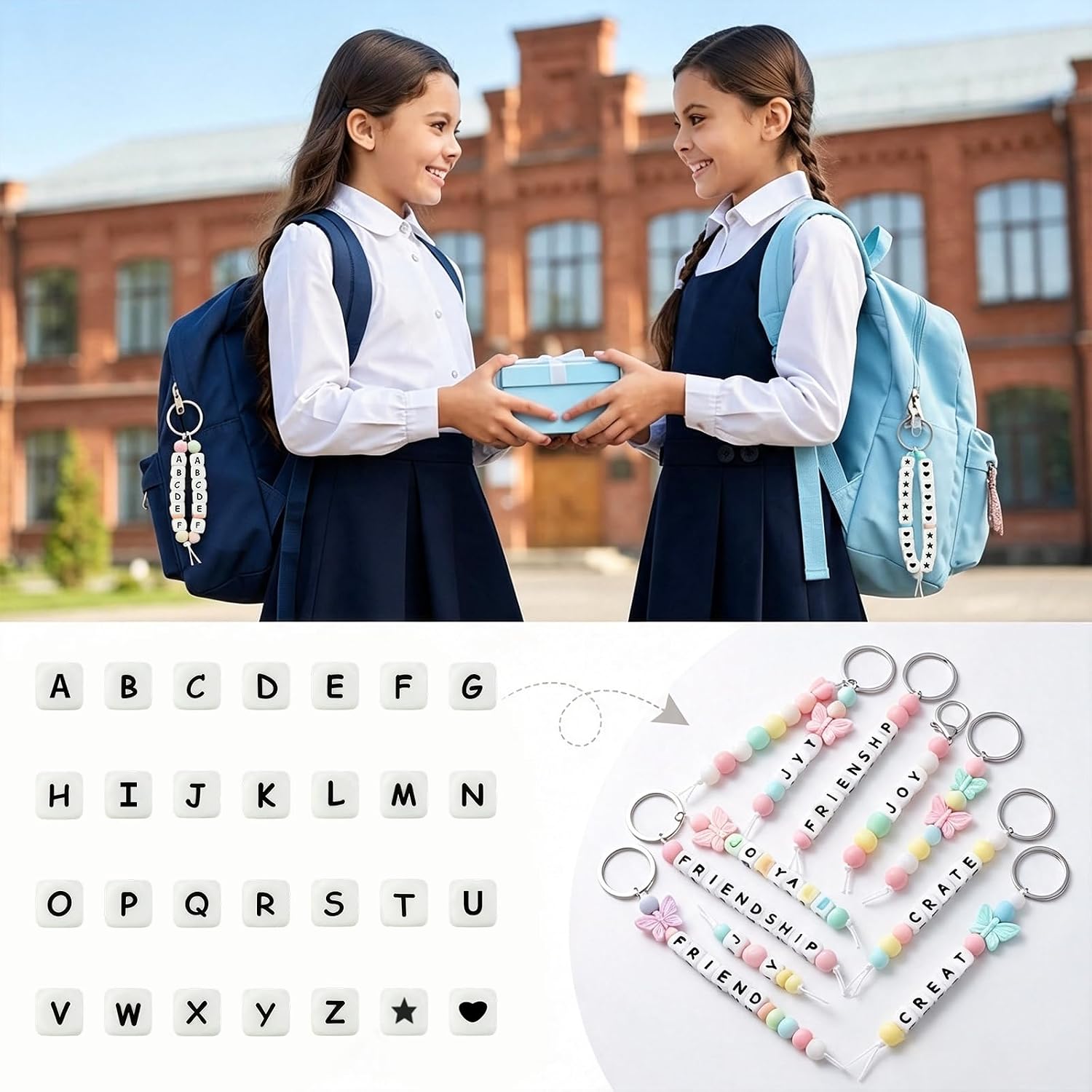 280 Pcs 12mm Square Silicone Letter Beads Set for Crafts and Gifts, 10 Complete A-Z Letter Sets with 10 Star-Pattern and 10 Heart-Pattern Beads, Silicone Beads with Storage Box (White)
