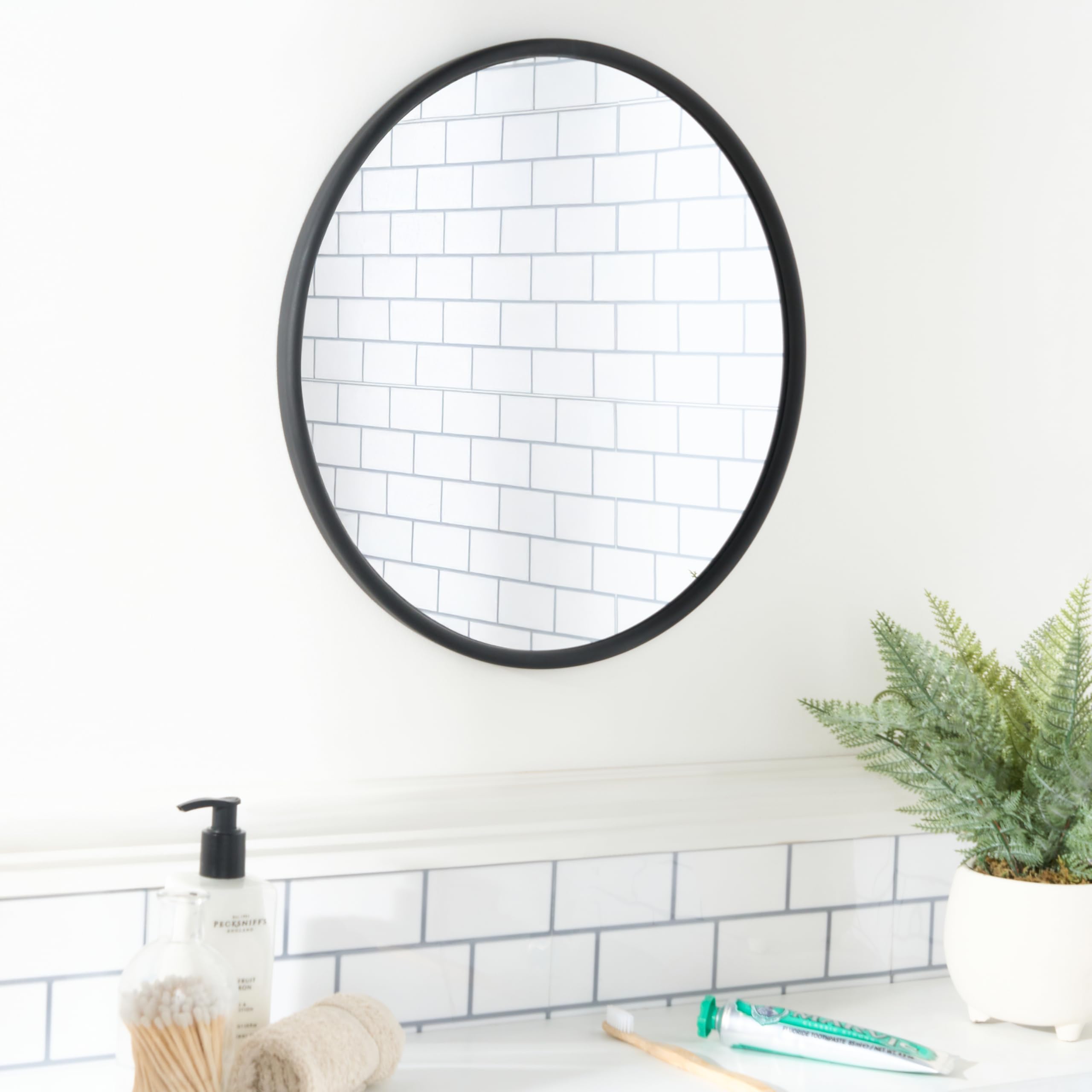OHS Black Round Bathroom Mirror Wall Mounted, Makeup Dressing Wall Mirror with Sleek Frame Easy Hang Decorative Bathroom Mirrors Over Sink for Living Room Bedroom, 40cm