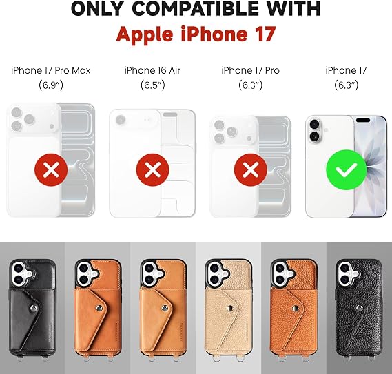 LUCKYCOIN クロスボディ 携帯電話ケース iPhone 17用、本革ウォレットフォンケース、拡張可能なフリップカードホルダー付き、ベージュの携帯電話パース、調節可能&取り外し可能なストラップ付き、旅行/ショッピング/パーティー
