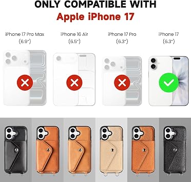 LUCKYCOIN クロスボディ 携帯電話ケース iPhone 17用、本革ウォレットフォンケース、拡張可能なフリップカードホルダー付き、ベージュの携帯電話パース、調節可能&取り外し可能なストラップ付き、旅行/ショッピング/パーティー