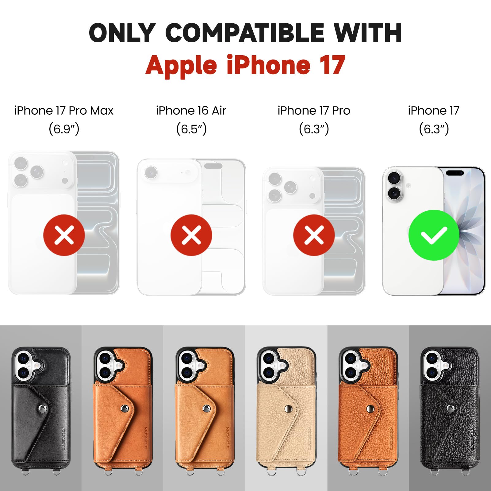 LUCKYCOIN Custodia a portafoglio in pelle per iPhone 17, custodia a tracolla nera | con cinturino da polso regolabile rimovibile, con porta carte, custodia a tracolla per donna, custodia da viaggio