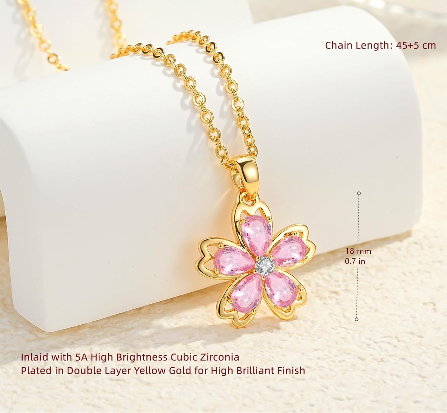 VONSSY Pink Cherry Blossom Necklace Earrings Cubic Zircon Crystal Flower Flora Sakura Pendant 18k Gold Plated Chain Silver Post Stud Jewelry Set Gift for Woman Wife Girlfriend Mom