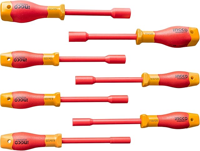 INGCO 7Pcs Insulated Nut Screwdriver Set VDE Insulated Nut Driver Spinner Socket HKISD0701