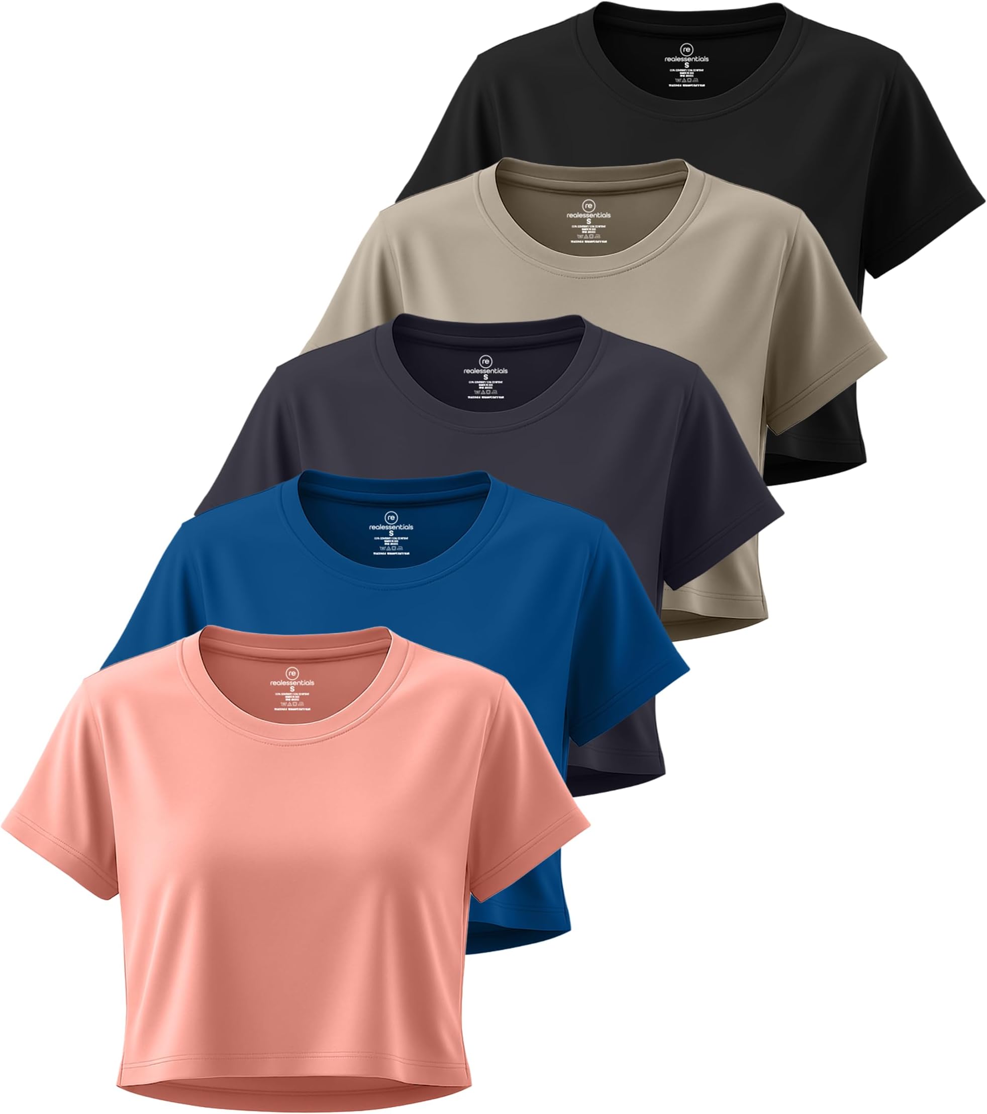 Real Essentials 5 Pack: Women's Dry-Fit Crop Top Short Sleeve Shirts Workout Gym Cropped Athletic Tee (Available in Plus)