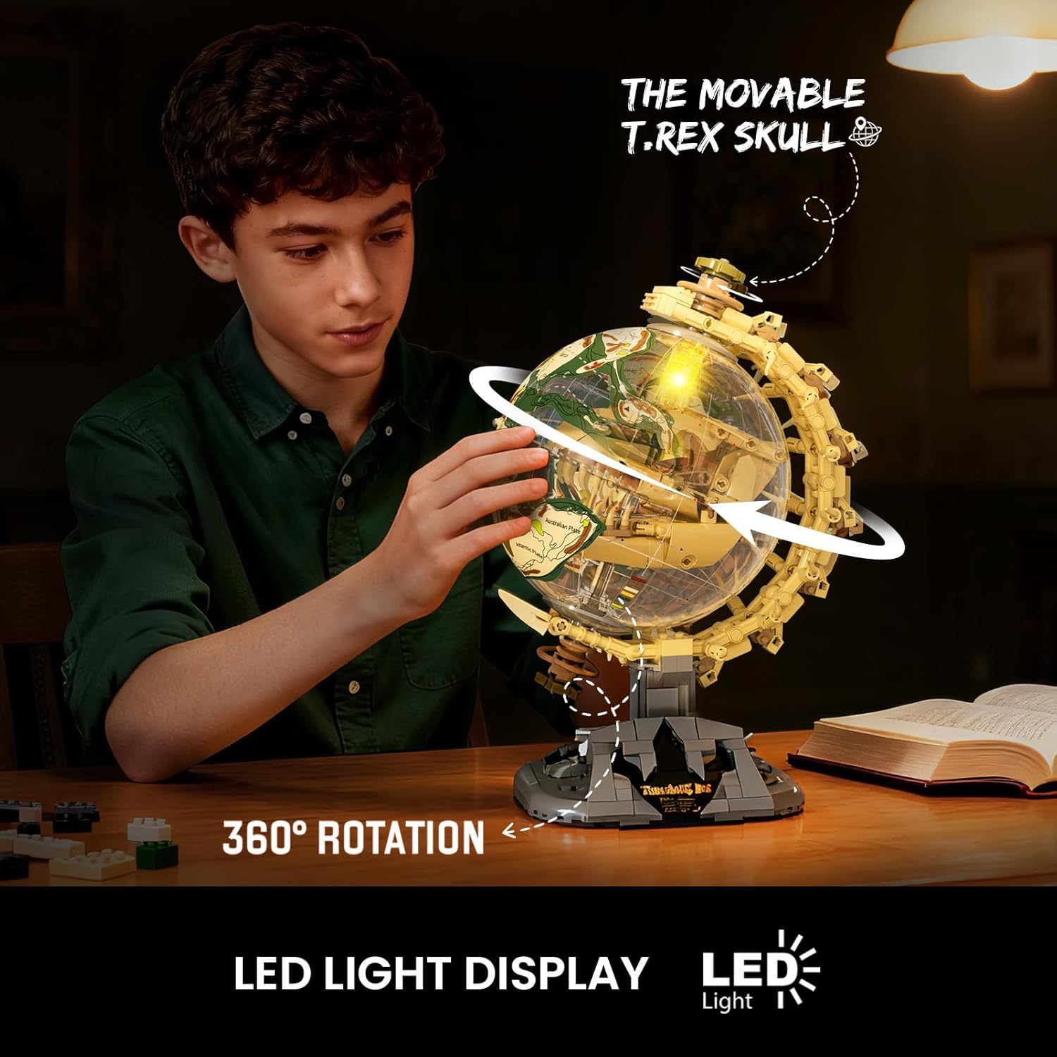 Dinosaur Skull Fossil Building Set, Jurassic Era T-Rex Globe Model, 360° Rotating with LED Light, STEM Educational Toy,Gifts for Boys and Girls Ages 8-12