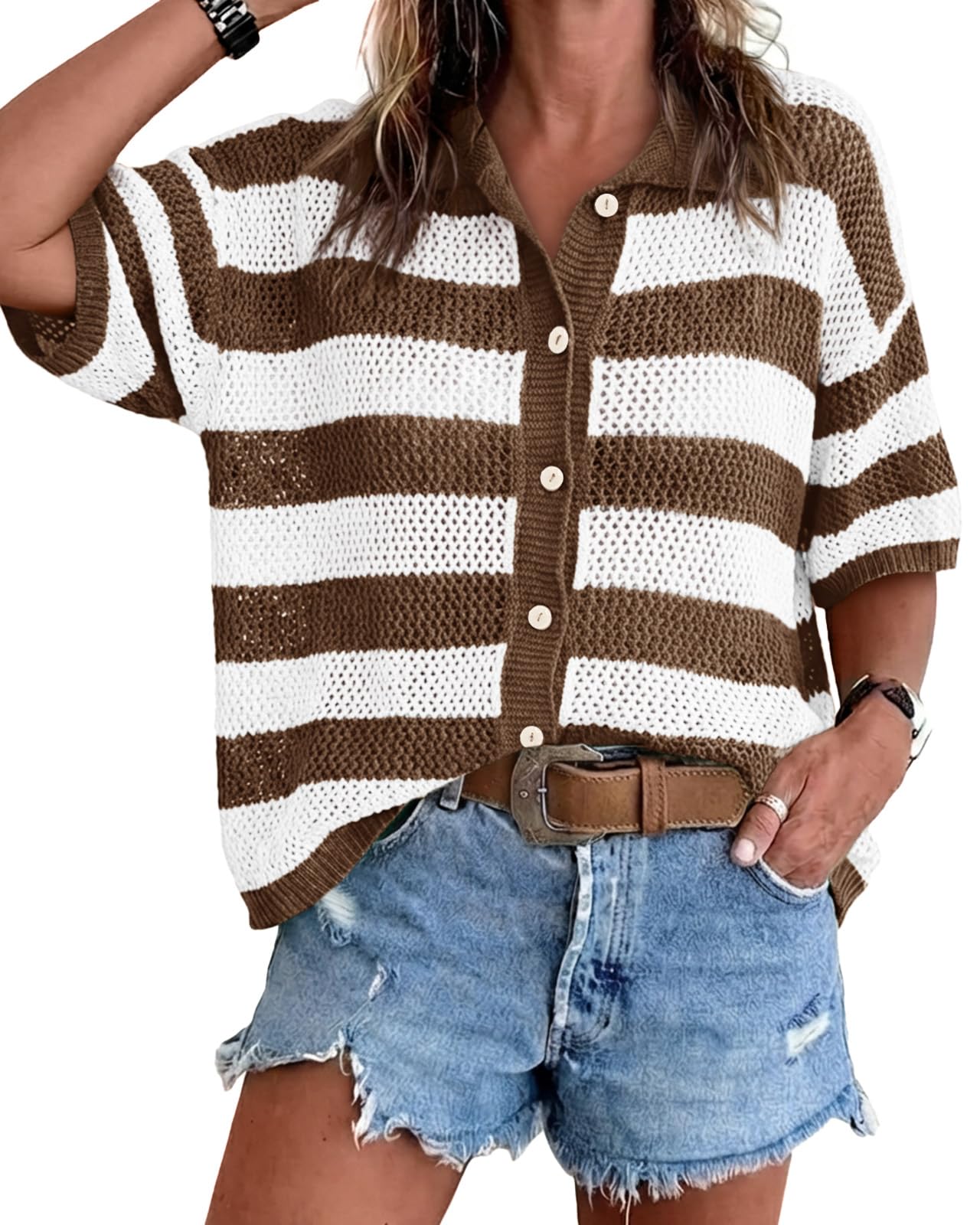 Womens Summer Striped Crochet Cardigan Sweater Half Sleeve Button up Tops Loose Fit Cover Up-image-12