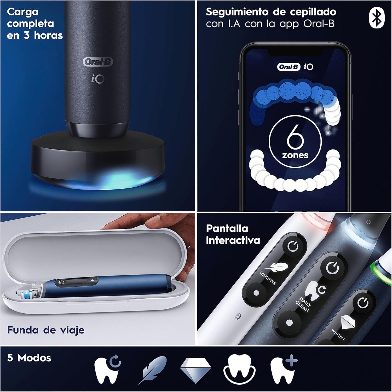 Oral-B iO 7N Cepillo de Dientes Eléctrico con Mango Recargable, 3 Cabezales y Estuche De Viaje, Diseñado por Braun, Regalos Originales para Mujer y Hombre - Negro
