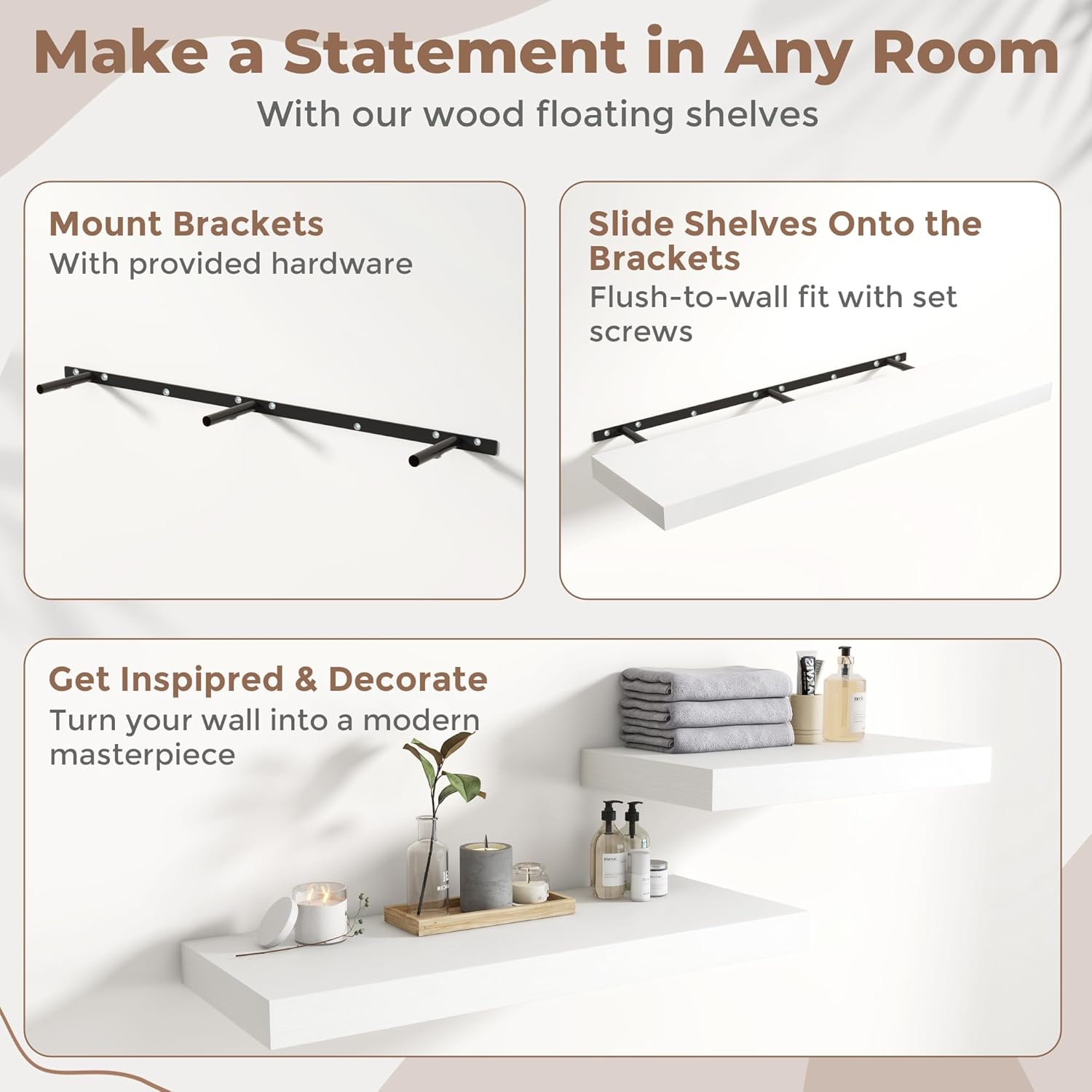 55 Inch Long Floating Shelves for Wall Set of 2, 12"D Wood Grain Bathroom Shelves with Invisible Brackets, Easy Install Engineered Wood Storage Shelves for Kitchen, Living Room, Bedroom, White Finish