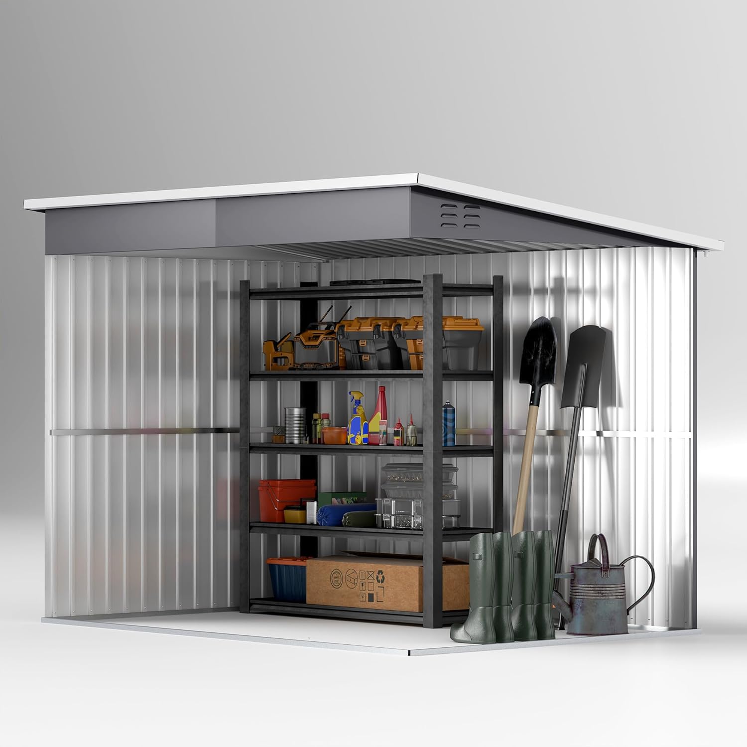 Shed interior with shelving