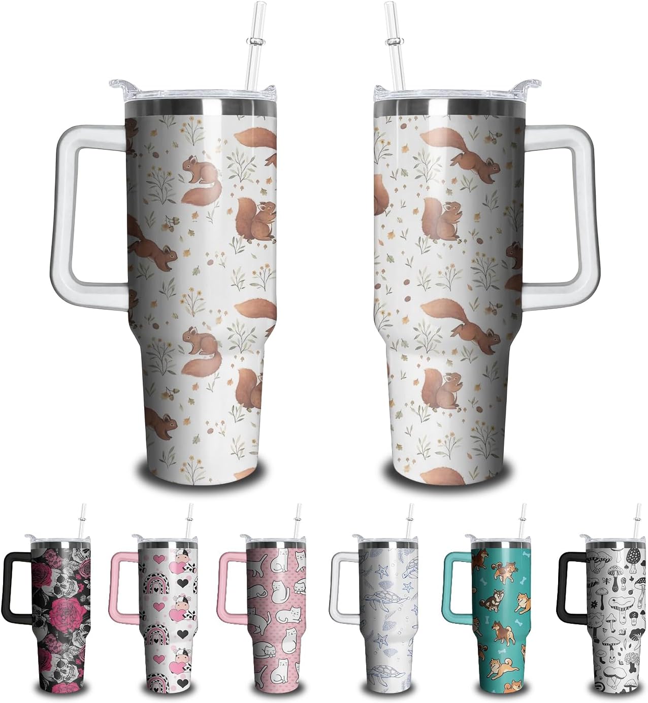 40oz Squirrel Tumbler with Handle and Straw, Stainless Steel Insulated Cup with Lid and Straw, Travel Coffee Mug Water Bottle, Birthday Mothers Day Gifts for Women Men Animal Lovers