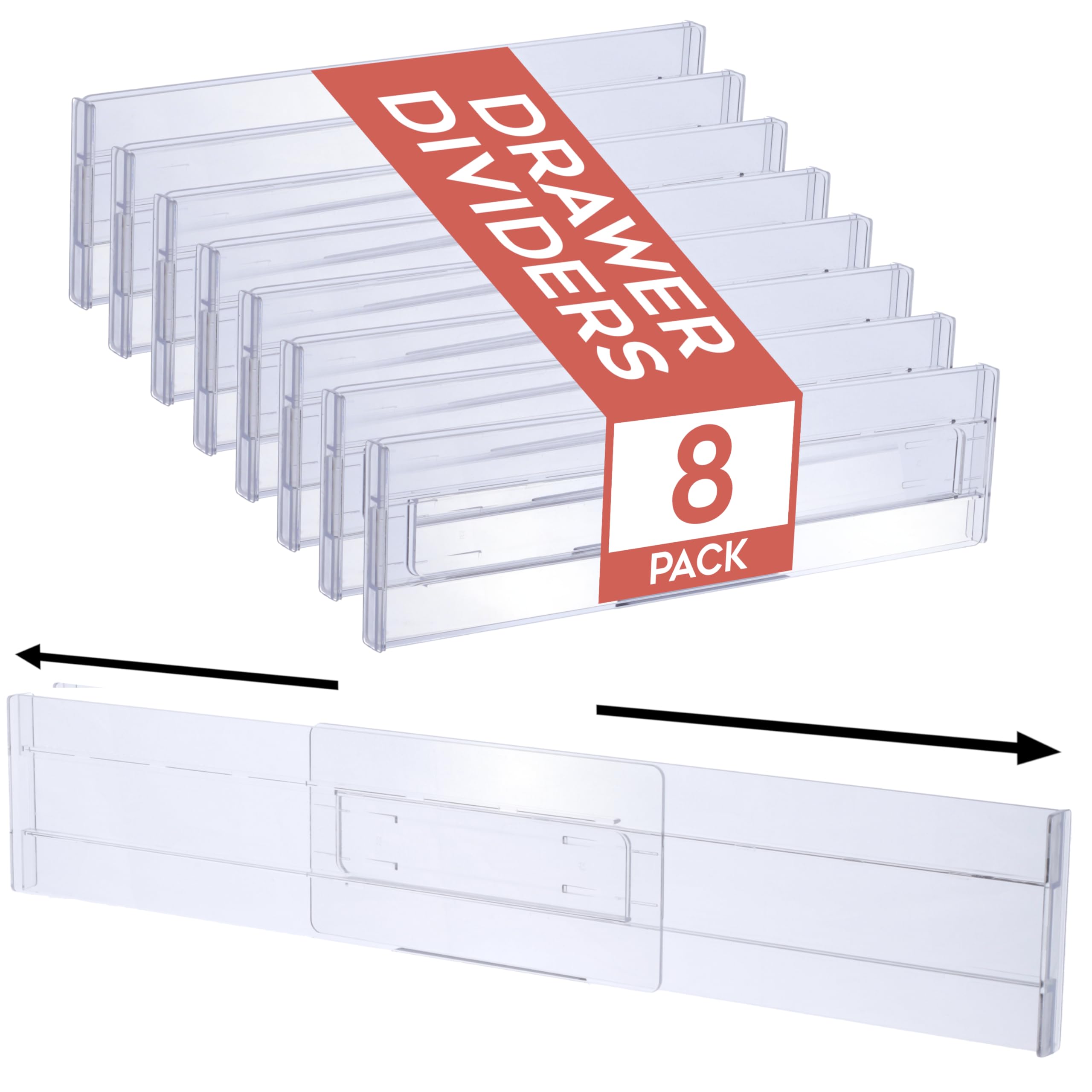 Homiu Clear 8 Pack Drawer Dividers Plastic - 3.2" High,12.1-21.4" Adjustable Drawer Organisers For Clothes - Expandable Dresser Separators In Bathroom, Bedroom, Kitchen, Office Storage Desk Organiser