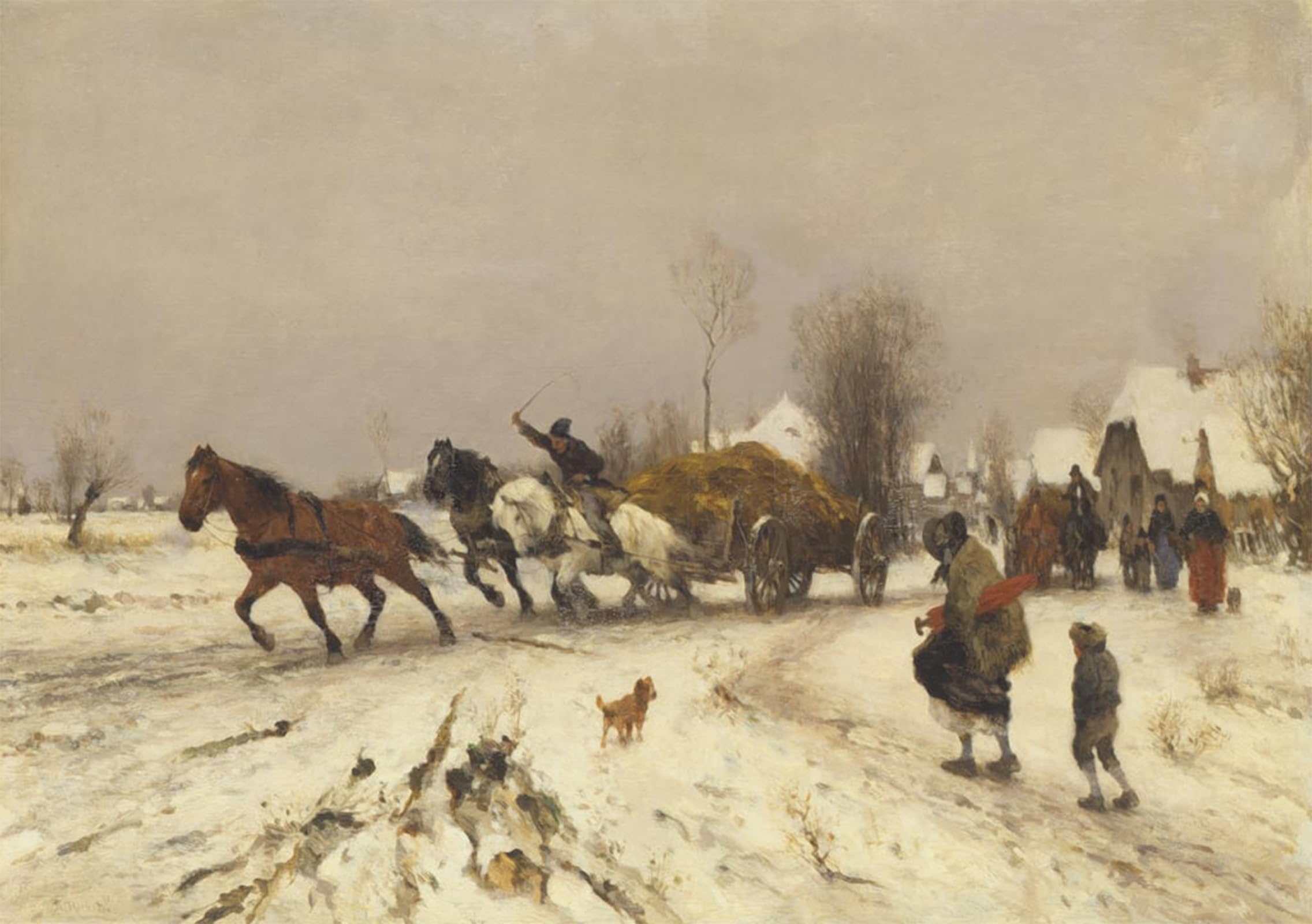HRJUBWREE Classic Canvas Picture Art Canvas Print Modern Oil Painting a Village in Winter by Ludwig Herbst Artwork on Wall for Office Decor 60x90cm