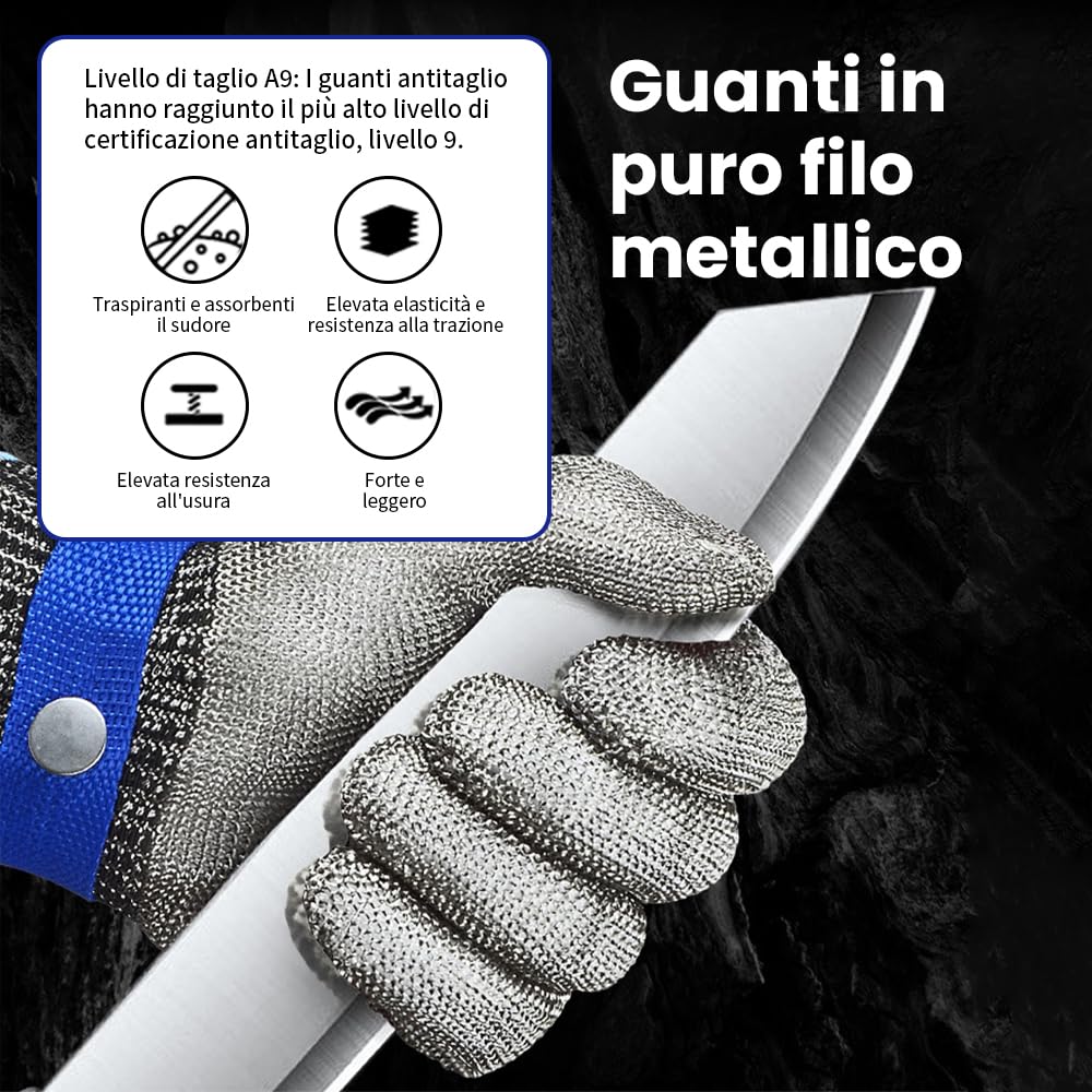 A9 Gant résistant aux coupures, gant métallique en acier inoxydable, anti-coupure pour la cuisine, le travail industriel, l'écaillage des huîtres, la sculpture sur bois, le jardinage(L 1Pcs)